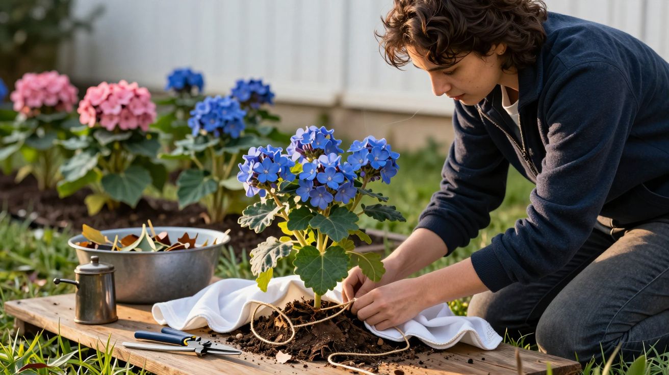 Pessoa a cuidar de flores azuis no jardim, com ferramenta, regador e bacia ao lado. Ao fundo, flores rosa.