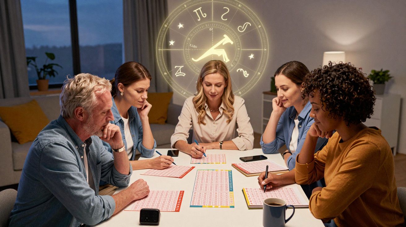 Cinco pessoas jogam Bingo numa mesa, com símbolos zodiacais iluminados ao fundo.