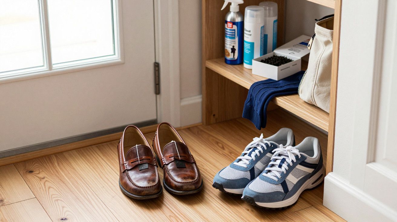 Dois pares de sapatos junto à porta, um par de mocassins castanhos e uns ténis azuis, com utensílios de limpeza próximos.