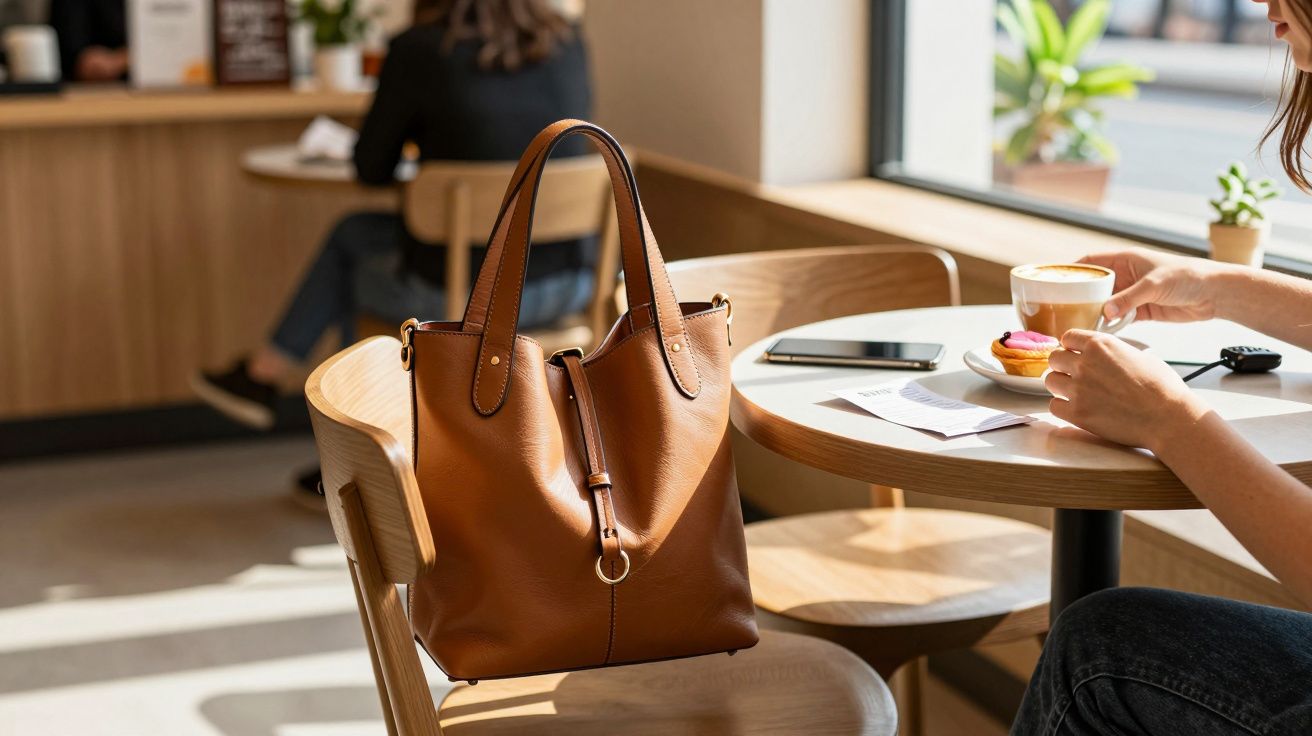 Mala castanha sobre cadeira de madeira num café, com pessoa a beber café à mesa.