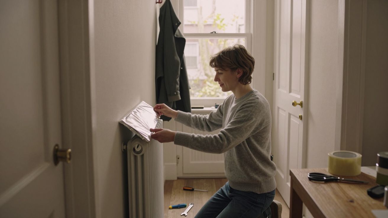 Pessoa ajoelhada colocando isolamento atrás de um radiador numa sala com luz natural.