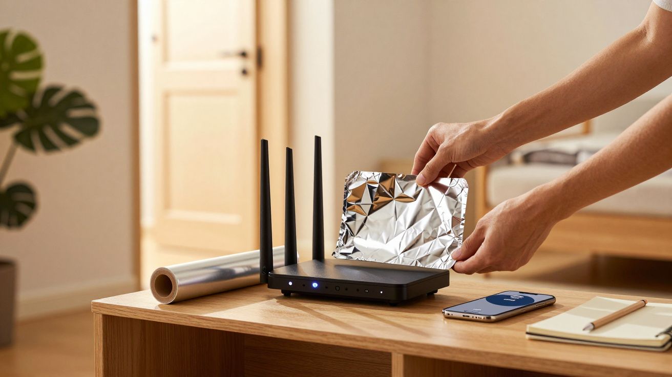 Pessoa coloca folha de alumínio atrás de roteador wifi em mesa de madeira. Телефон móvel e blocos de notas ao lado.