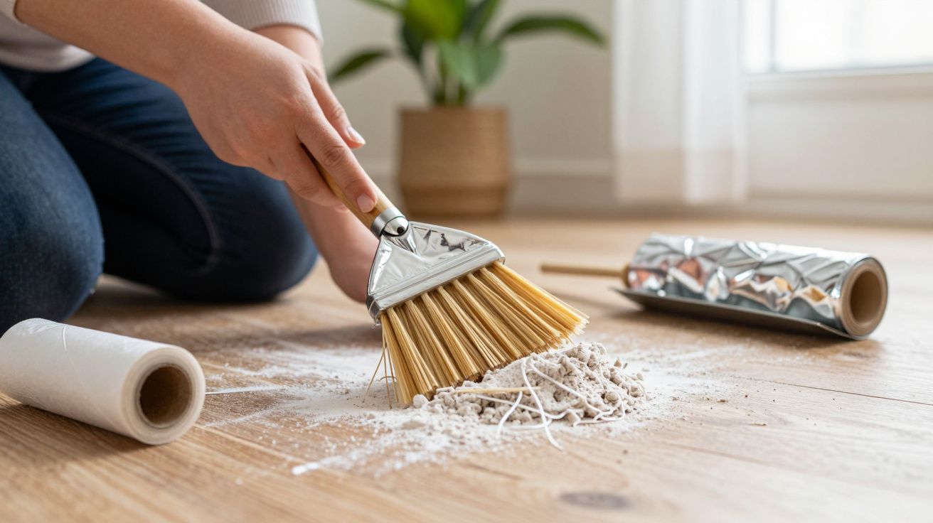 Pessoa varre farinha e migalhas do chão de madeira com uma vassoura pequena. Papel de alumínio ao fundo.