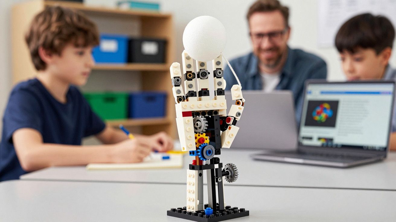 Mão robótica de Lego sobre mesa, crianças e adulto ao fundo, com caderno e laptop.