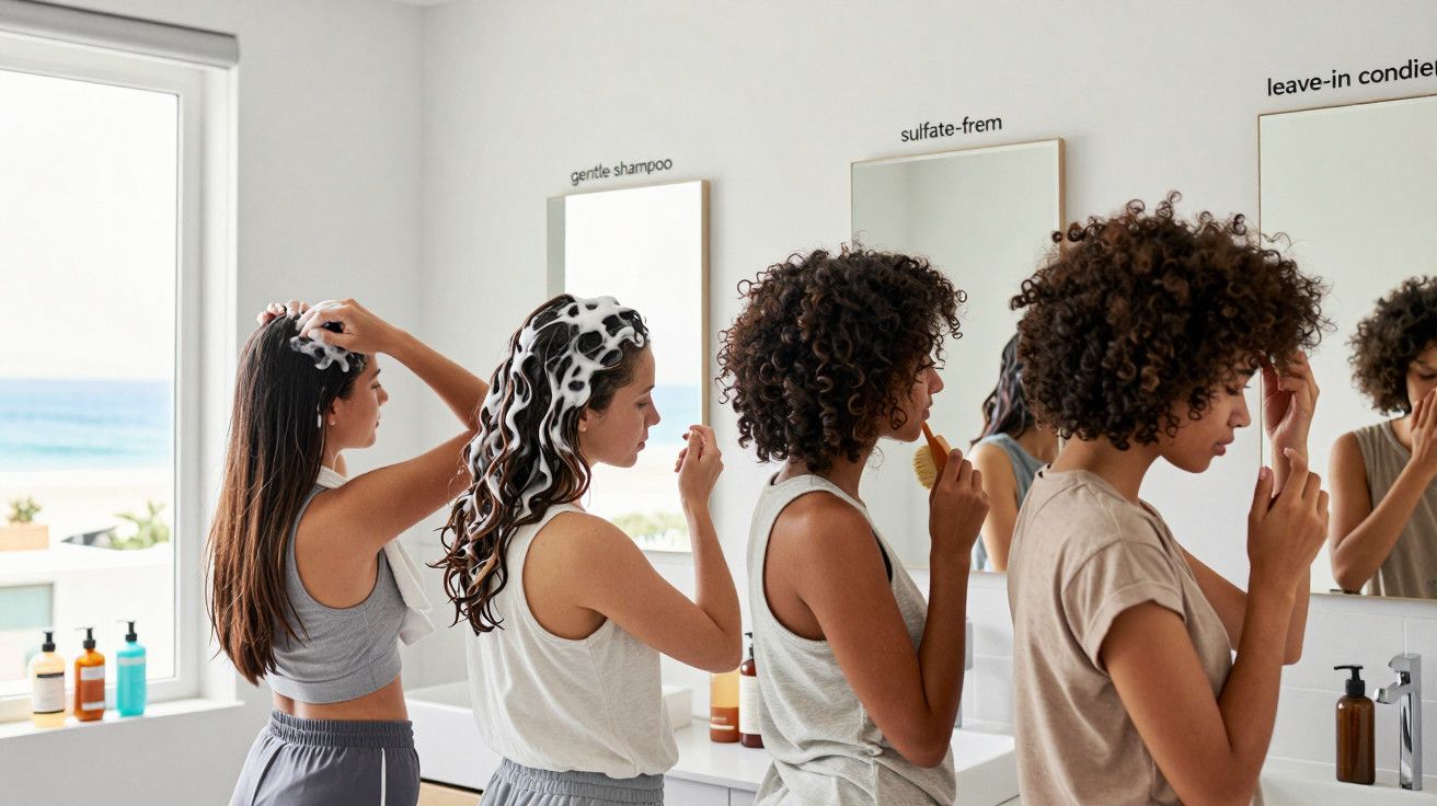 Três pessoas em frente ao espelho numa casa de banho, a aplicar produtos de cabelo com vista para o mar ao fundo.