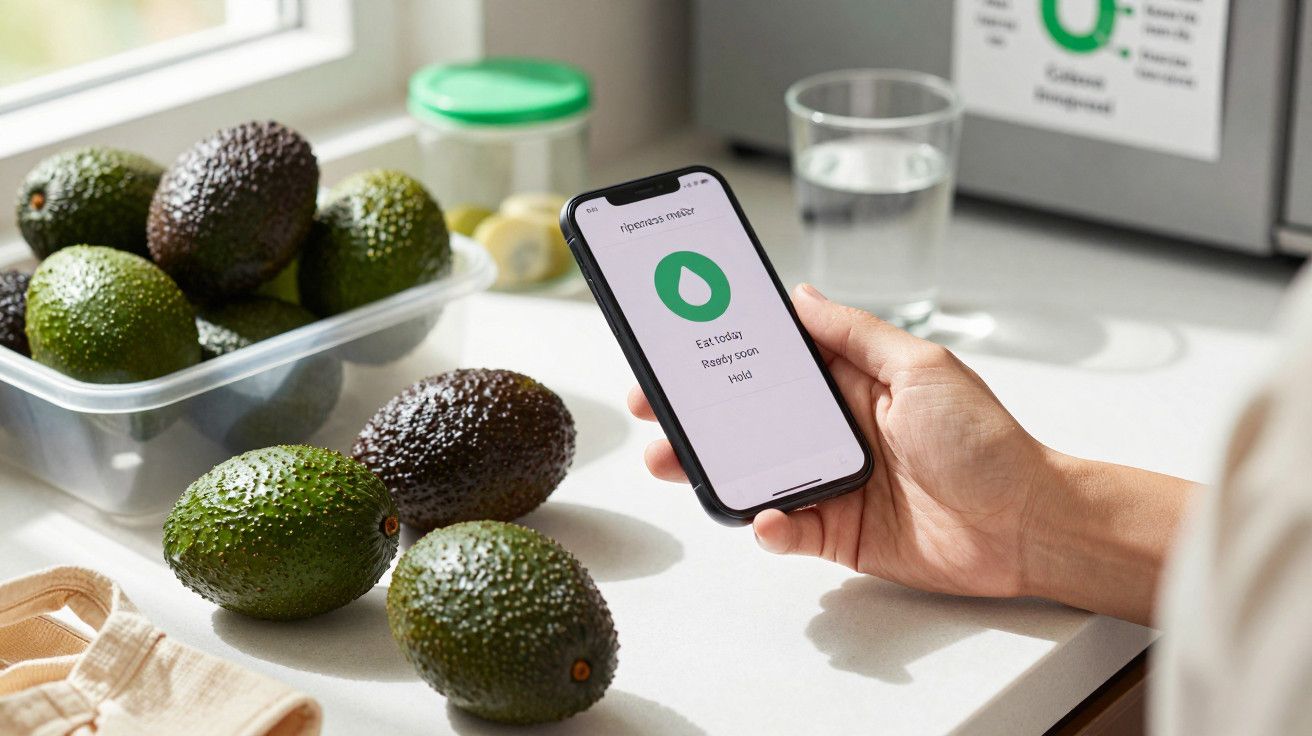 Pessoa segura um smartphone com app de culinária, rodeada de abacates numa cozinha iluminada pelo sol.