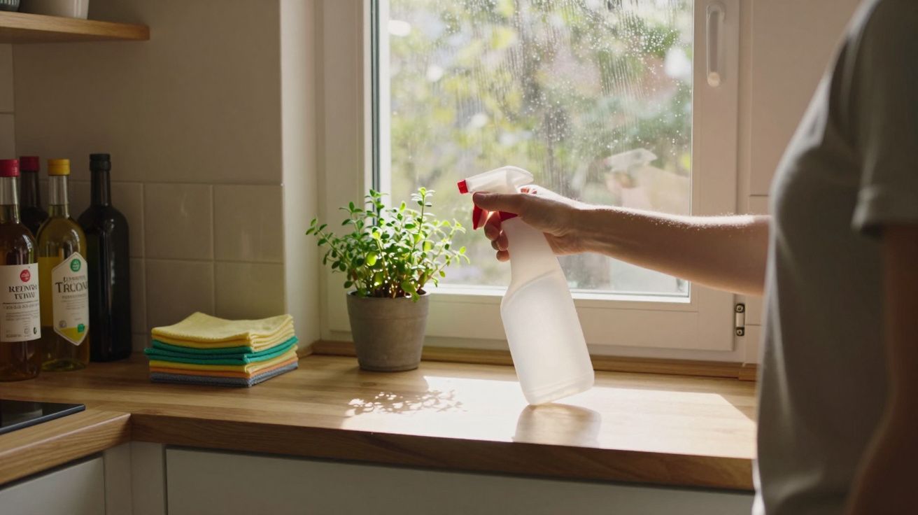 Mão segurando borrifador de limpeza numa cozinha junto a uma janela, próximo de plantas e produtos de limpeza.