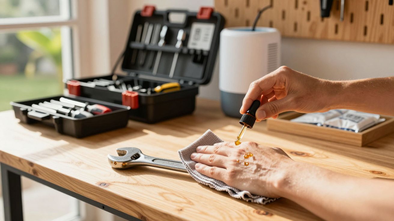 Mãos a aplicar óleo numa chave inglesa sobre uma mesa de madeira, com uma caixa de ferramentas ao fundo.