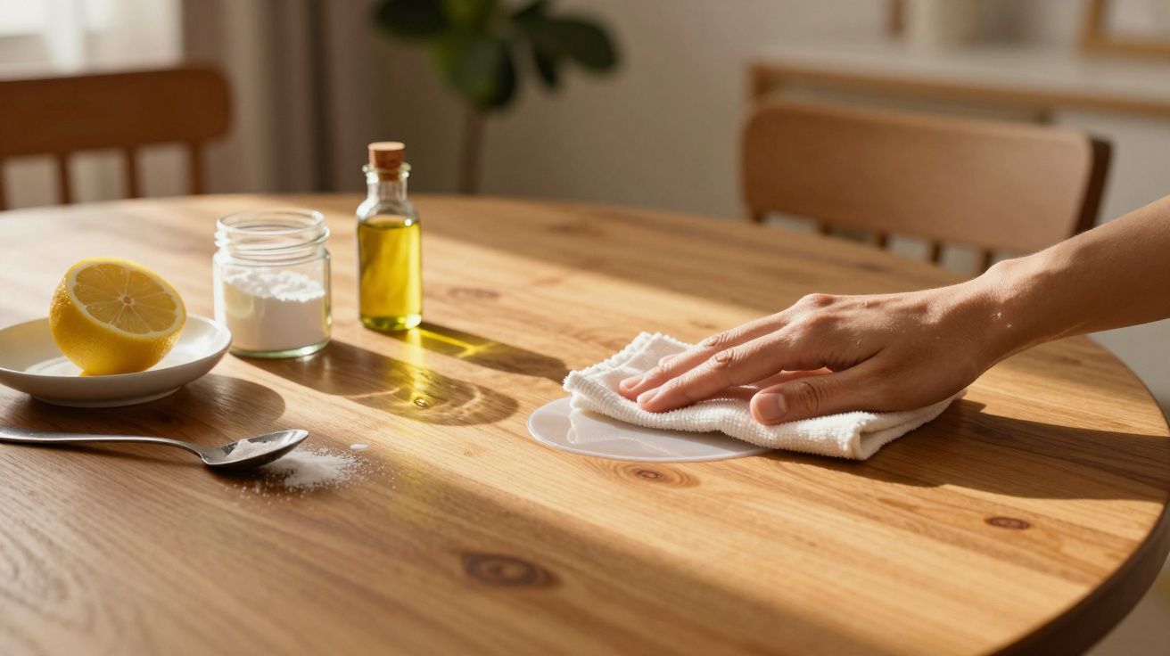 Mão limpando mesa de madeira com pano, limão, bicarbonato e óleo na mesa.