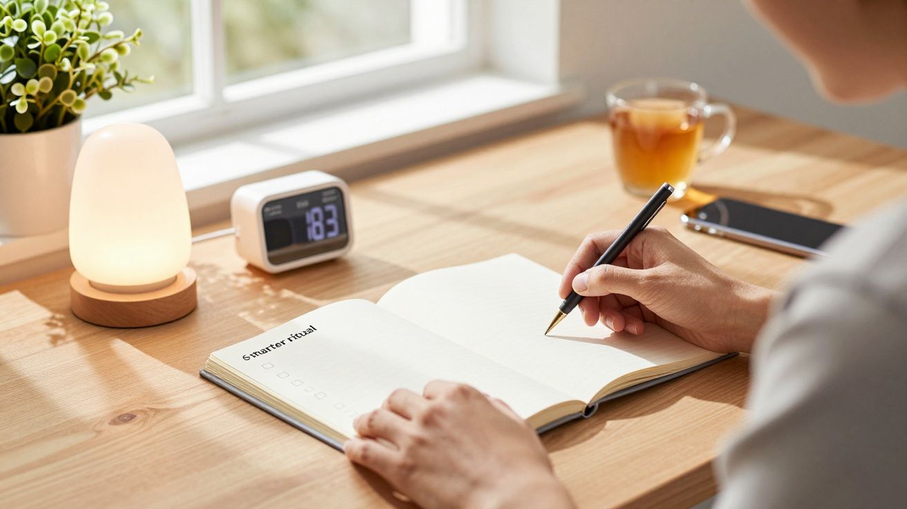 Pessoa escreve num caderno numa mesa com chá, relógio, luz suave e planta ao lado da janela.