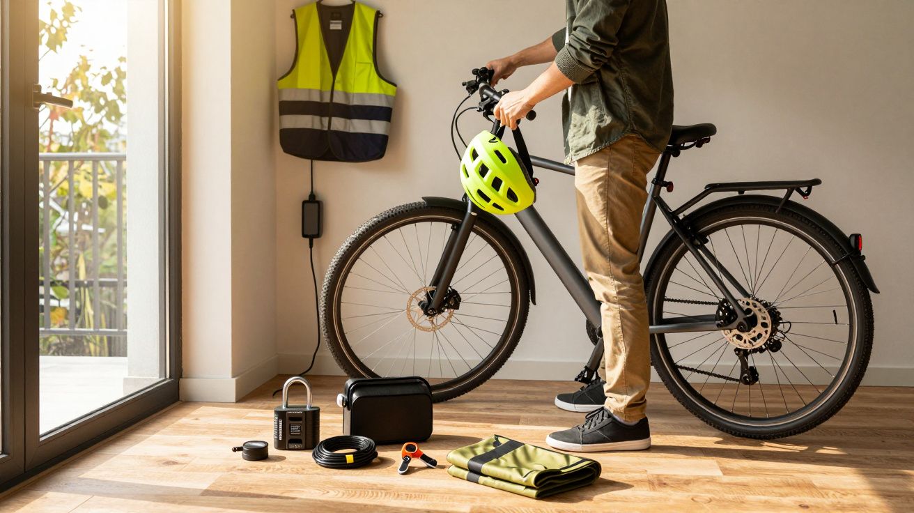 Pessoa ao lado de bicicleta em sala iluminada, com capacete amarelo e colete refletor. Acessórios de ciclismo no chão.