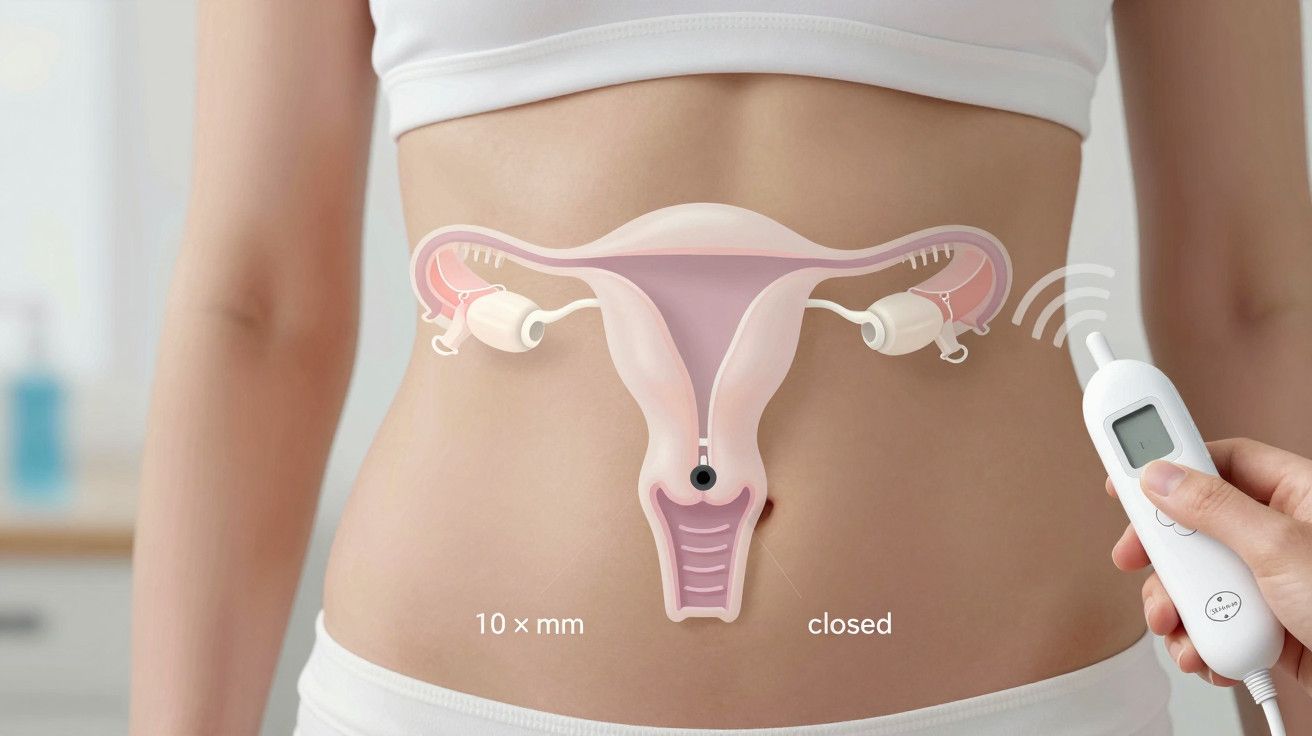 Mulher com diagrama do sistema reprodutor feminino na barriga, segurando dispositivo digital.