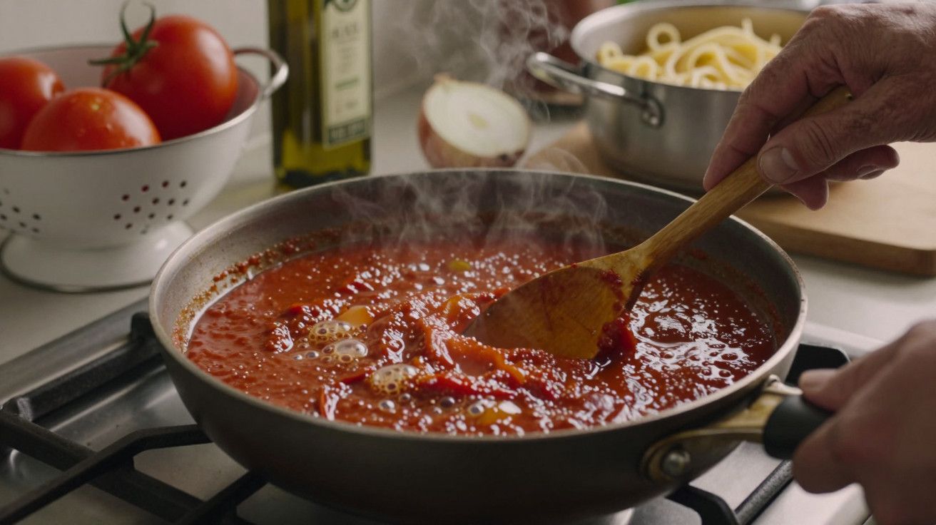 Pessoa a cozinhar molho de tomate numa frigideira ao lado de tomate fresco e massa cozida.