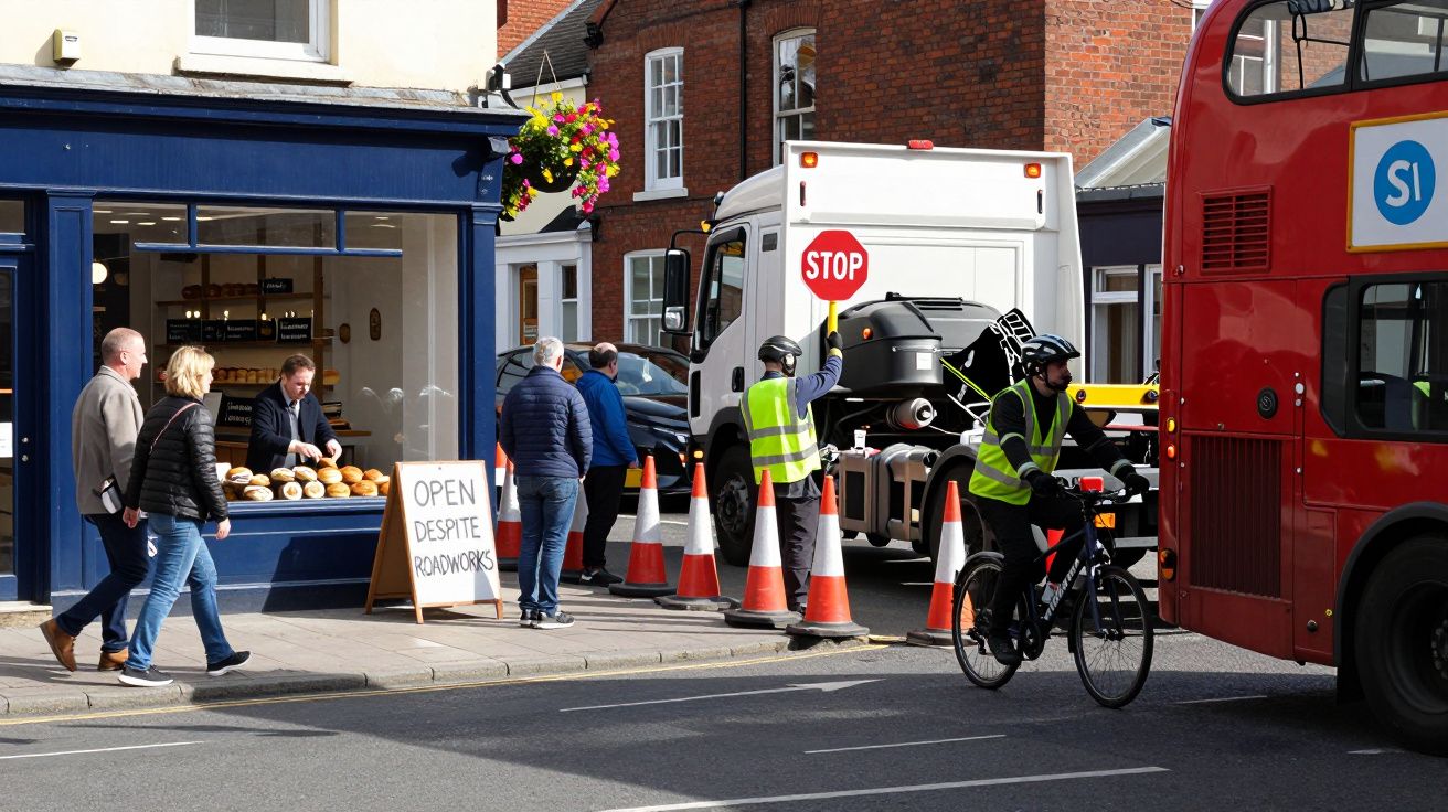 Rua com obras, ciclista com colete refletor, loja de pães aberta, sinal de "STOP" e pedestres a caminhar.