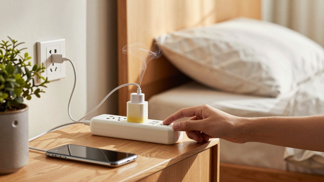 Pessoa liga uma ficha múltipla numa mesa de cabeceira, com um telemóvel e difusor visíveis.