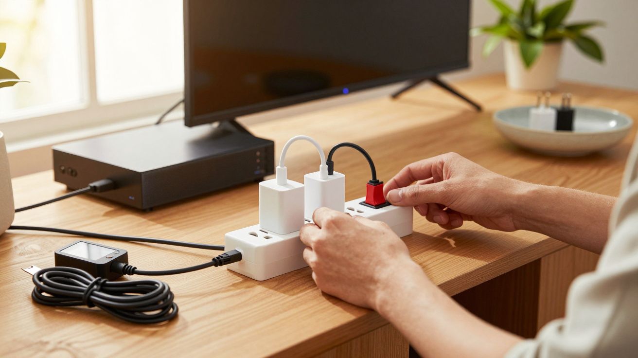 Pessoa a ligar uma ficha numa extensão múltipla sobre uma mesa de madeira, com monitor e plantas ao fundo.