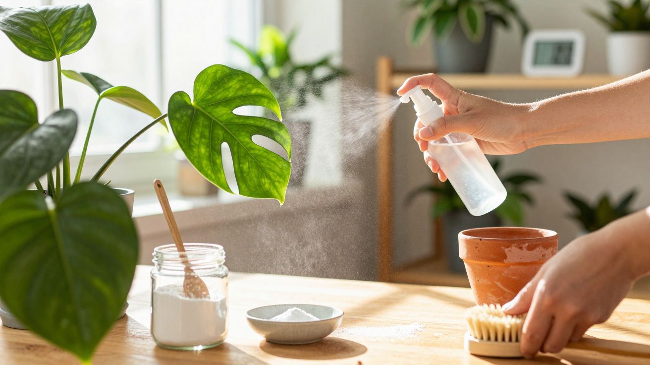 Mãos a pulverizar planta com borrifador ao lado de vaso vazio e frasco de pó branco sobre mesa iluminada pelo sol.