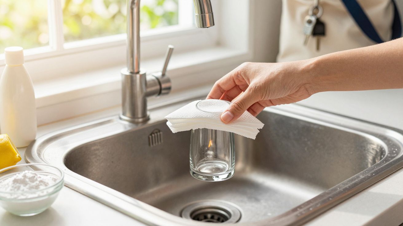 Mão segurando um copo virado sobre a banca da cozinha com guardanapos em cima.