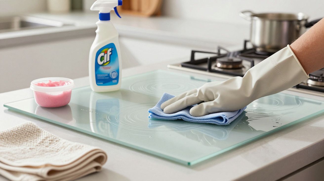 Mão com luva limpa vidro com pano azul ao lado de produto Cif e pote rosa em cozinha.