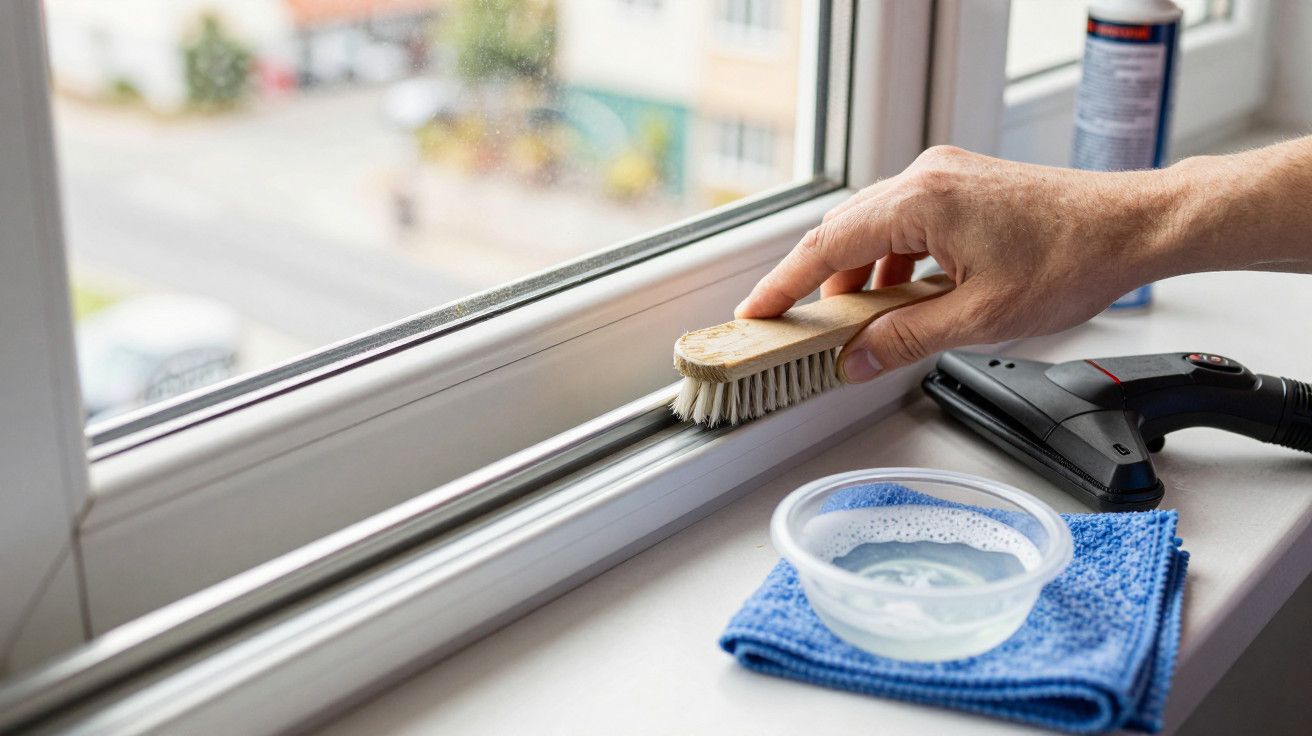 Mão a limpar calha de janela com escova, recipiente com água e toalha azul na bancada.