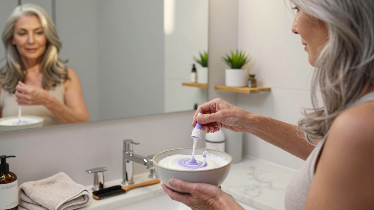 Mulher mistura creme roxo numa tigela na casa de banho, com prateleira de produtos ao fundo.