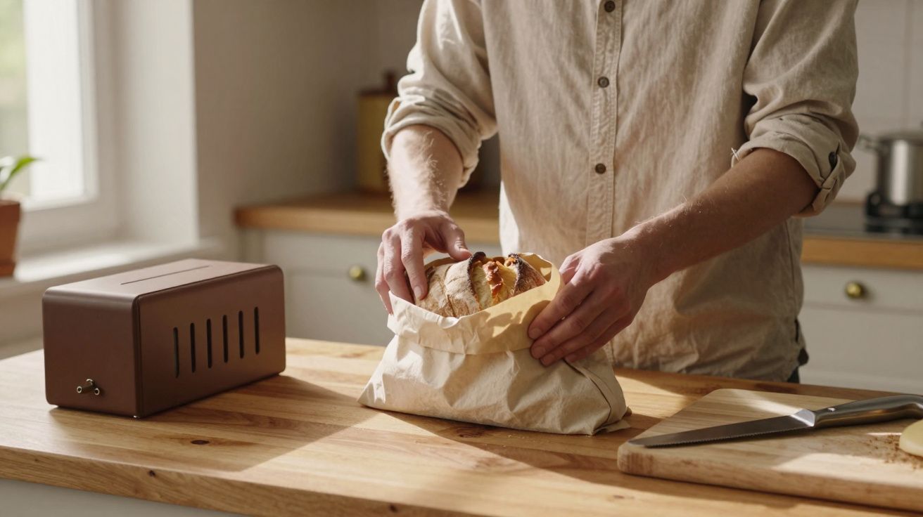 Homem a retirar pão de um saco de papel numa cozinha, com uma faca e uma caixa ao lado.