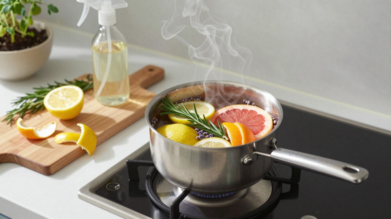 Panela a ferver com limão, toranja e alecrim numa placa de fogão. Tábua com rodelas de limão ao lado.