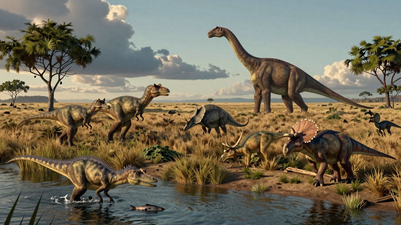 Dinossauros num cenário pré-histórico com vegetação, um rio e céu parcialmente nublado.