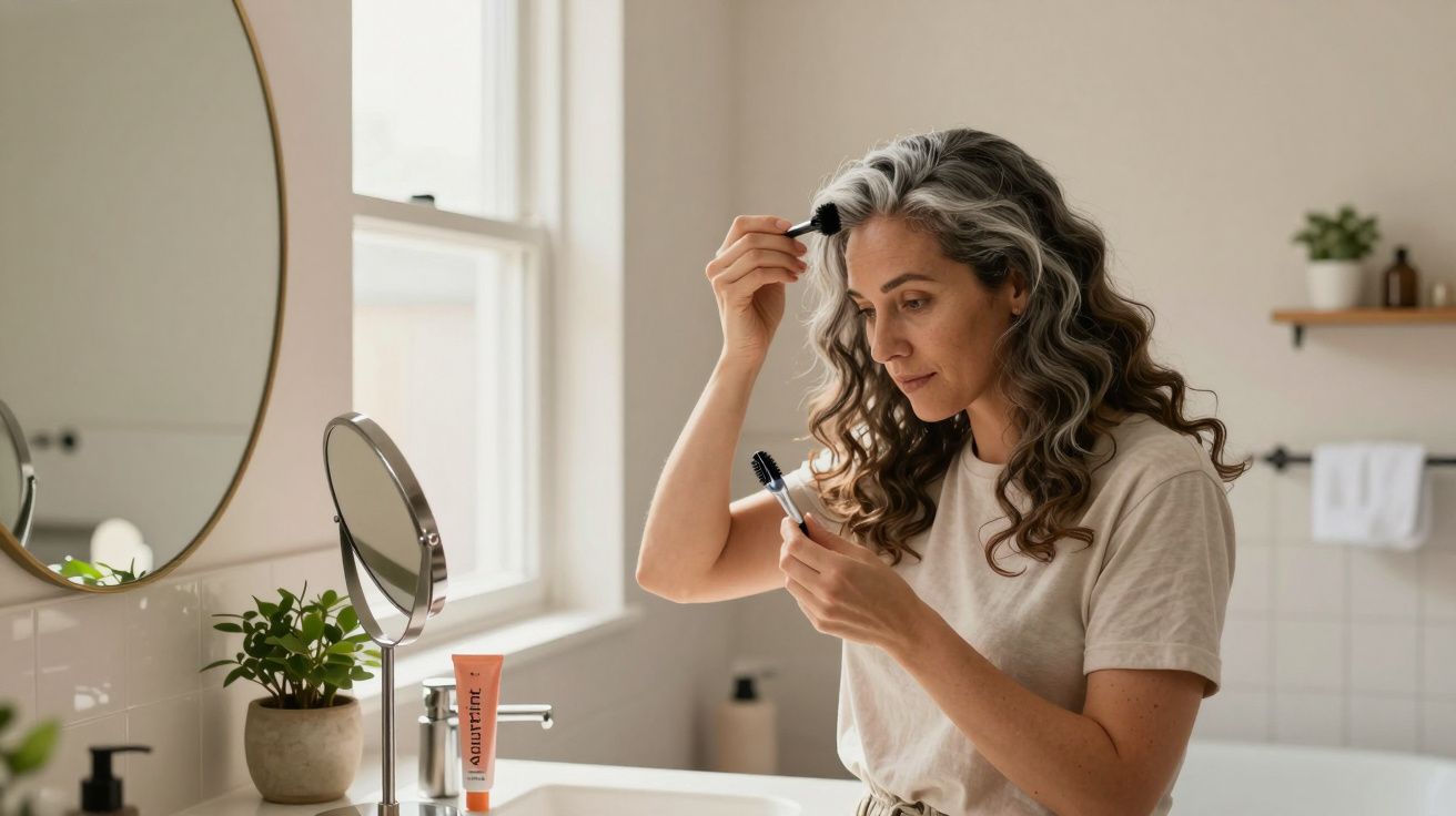 Mulher com cabelo grisalho aplica produto no cabelo em frente ao espelho numa casa de banho iluminada.