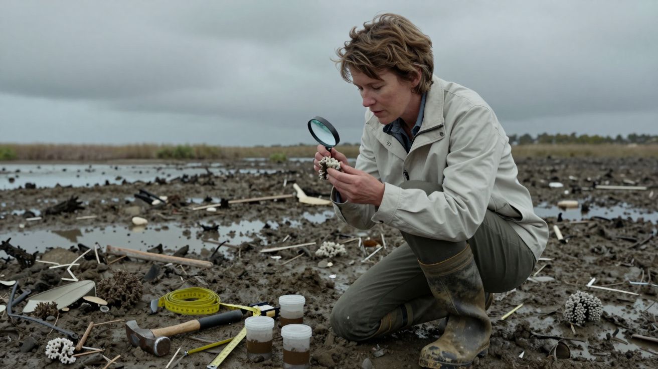 Pessoa ajoelhada em solo lamacento, examinando objeto com lupa, rodeada de ferramentas e frascos, sob céu nublado.
