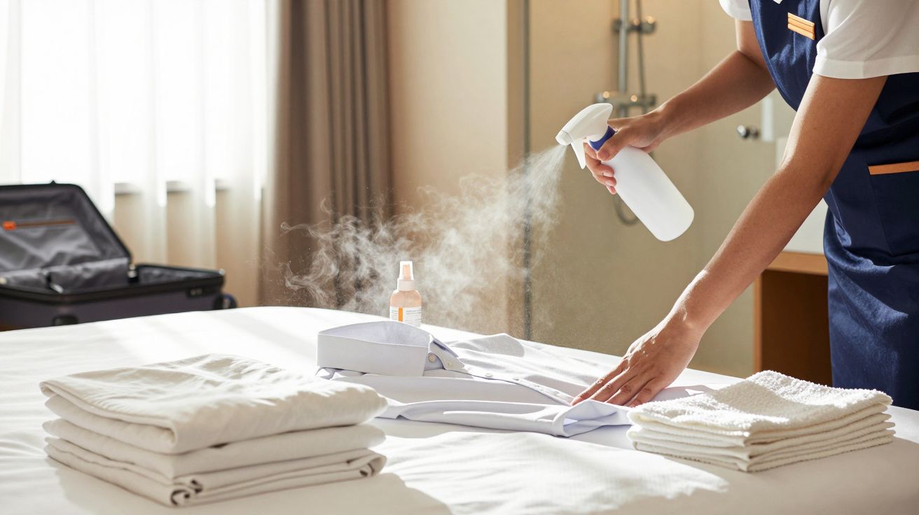Empregado de hotelaria limpa quarto, pulverizando roupa de cama branca com spray, pastas e toalhas arrumadas na cama.