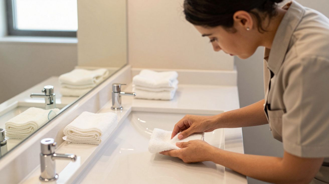 Mulher a organizar toalhas brancas junto a um lavatório num casa de banho bem iluminada.