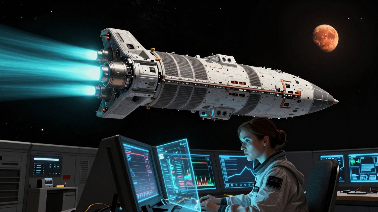 Mulher a trabalhar num centro de controlo espacial, com nave espacial a passar e planeta ao fundo.