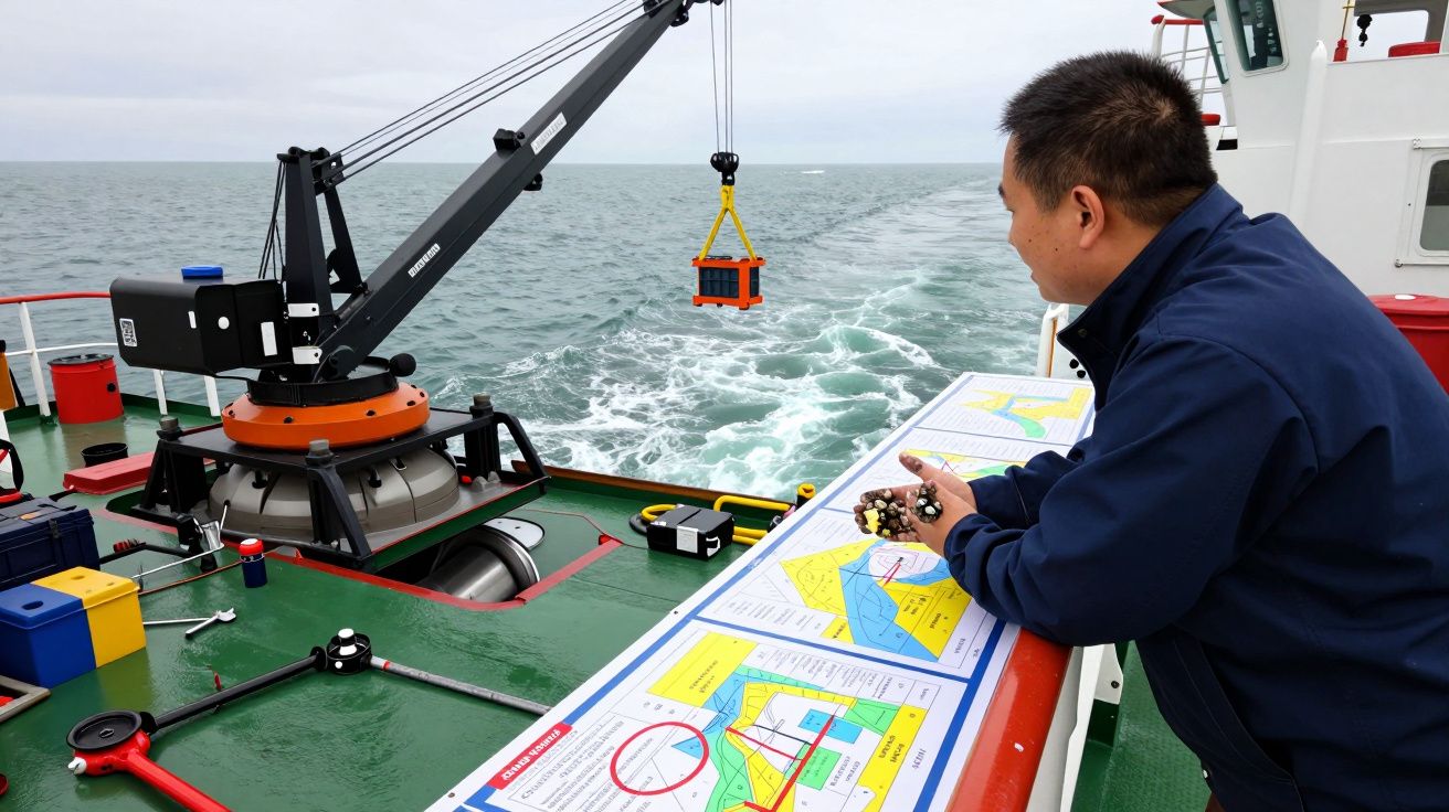 Homem a bordo de um navio observa mapas náuticos, com grua operando no mar.