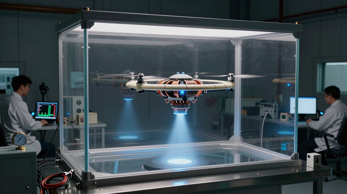Drone em teste de voo numa caixa de vidro num laboratório, com dois cientistas em computadores ao fundo.