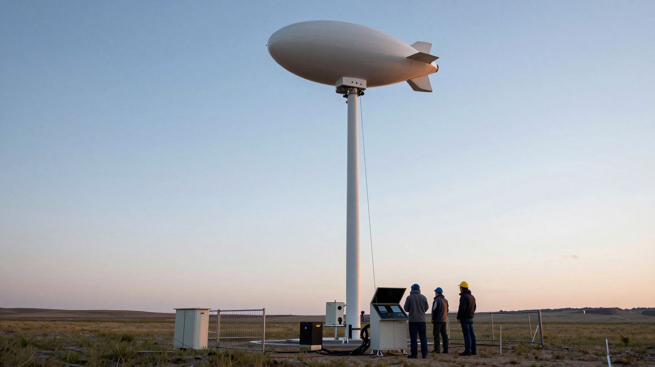 Três pessoas observam um dirigível branco em pé num campo aberto, sob um céu azul ao anoitecer.