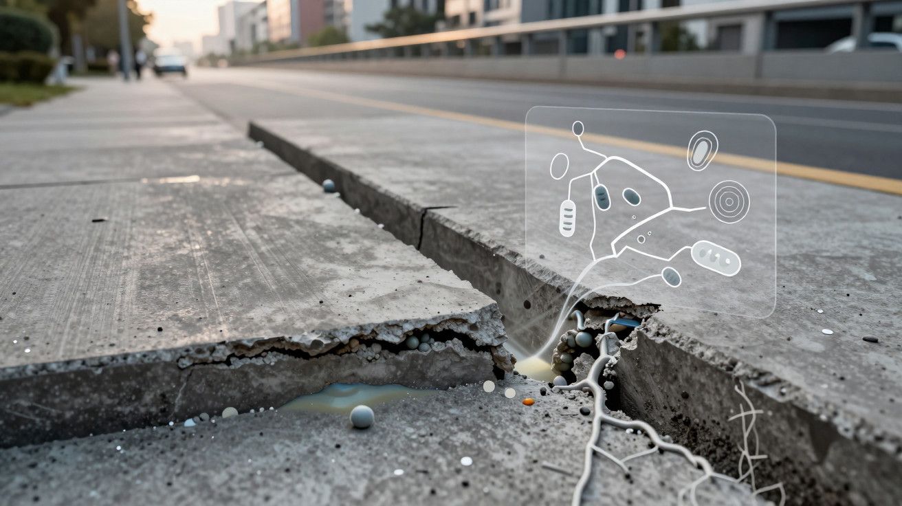 Fissura no pavimento de cimento numa rua urbana com ilustração digital de microrganismos a crescer no interior.