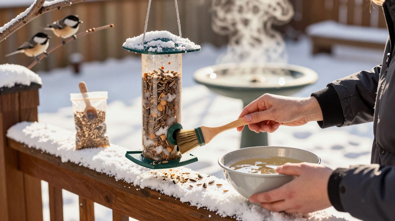 Pessoa limpa comedouro de pássaros no inverno, cercado por neve, enquanto dois pássaros pousam na cerca.