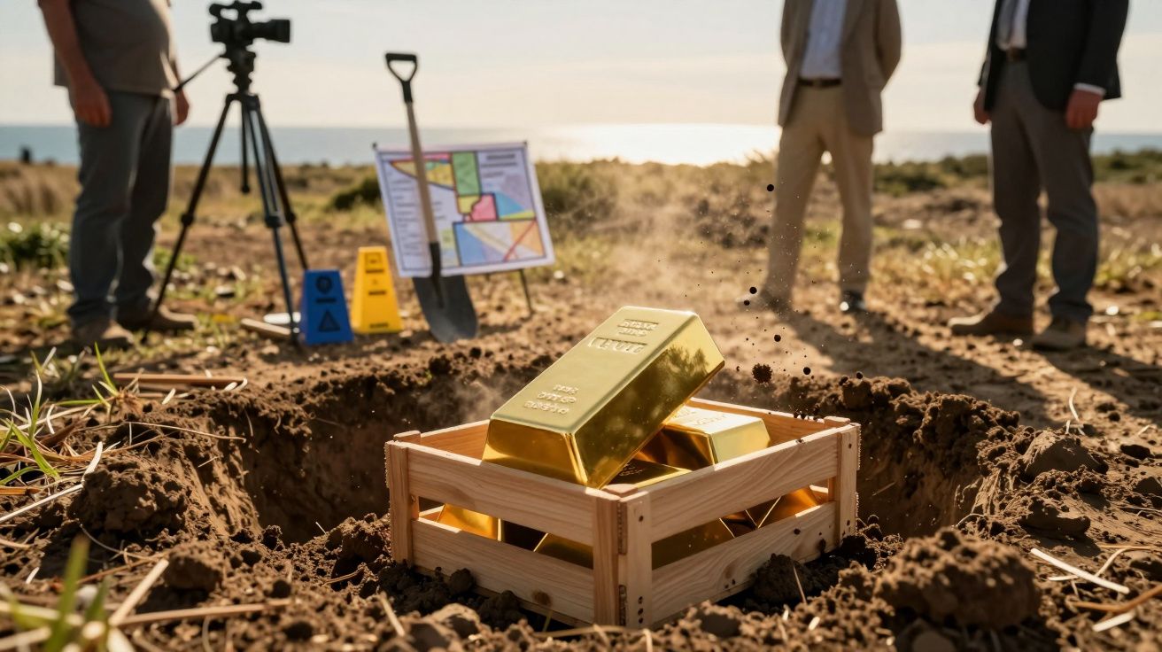 Caixa de barras de ouro enterrada em solo, com dois homens, mapa e ferramentas ao fundo, vista para o mar.