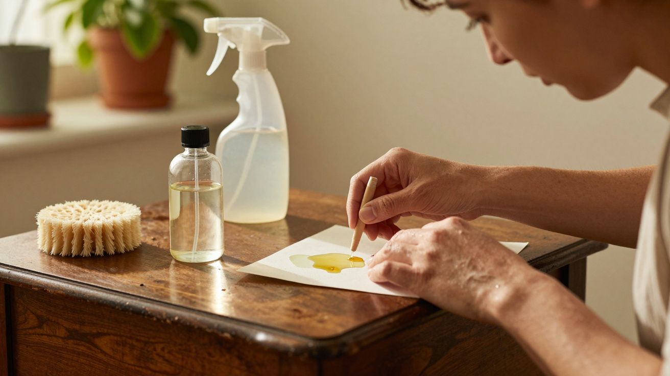 Pessoa a pintar com pincel sobre papel, ao lado de garrafa spray, frasco e escova, numa mesa de madeira.