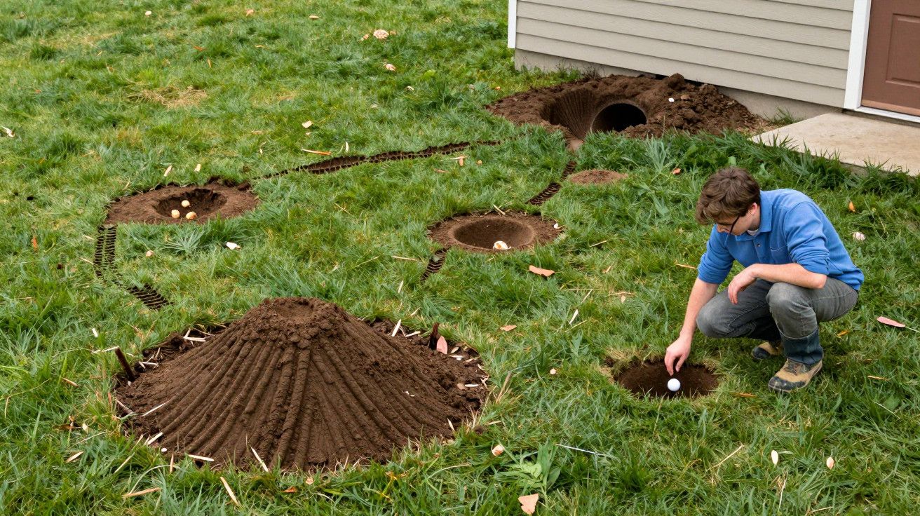 Homem sentado num relvado com pequenas crateras e montes de terra, observando um buraco com um ovo.