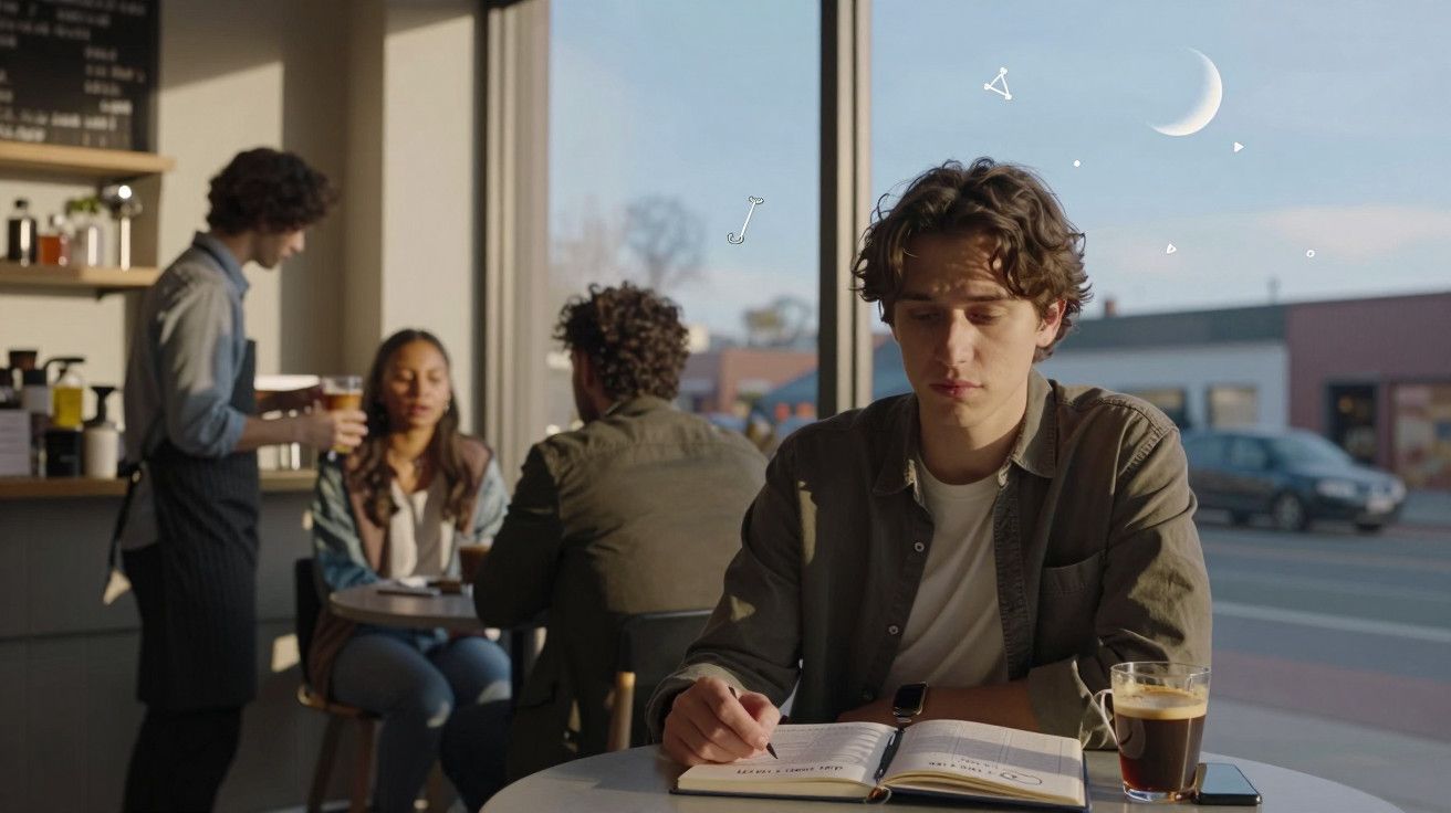 Jovem estudando num café ao lado de uma janela, com caderno aberto e café na mesa; casal conversando ao fundo.