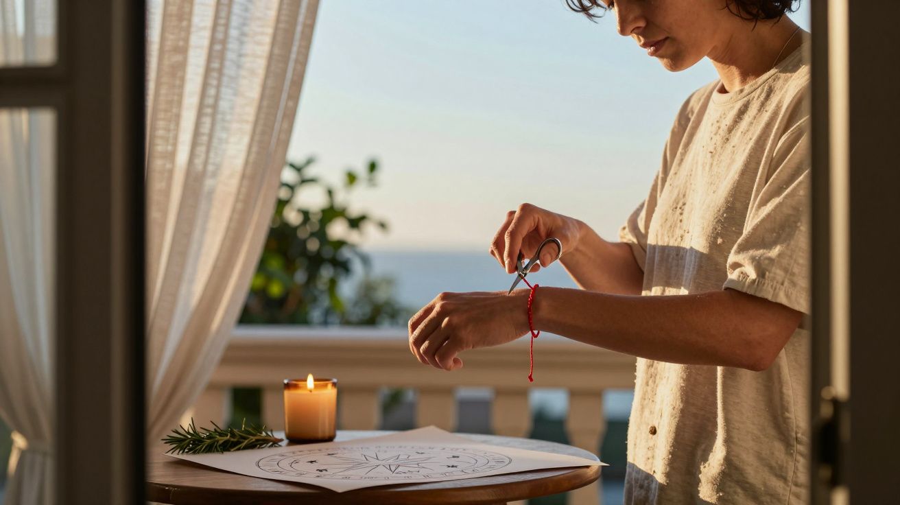 Pessoa amarrando uma fita vermelha no pulso, com vela acesa e papel sobre a mesa em varanda com vista para o mar.