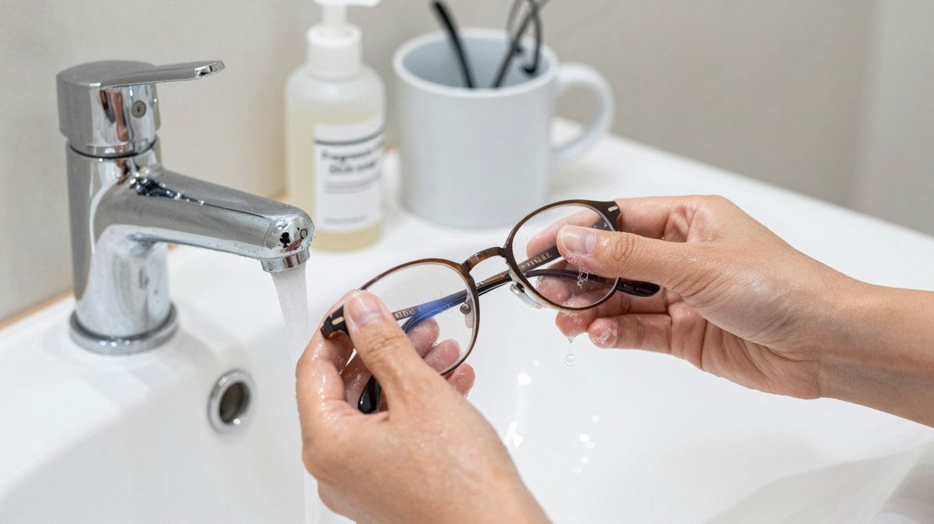 Mãos a lavar óculos de armação castanha sob água corrente numa casa de banho, com produtos de higiene ao fundo.