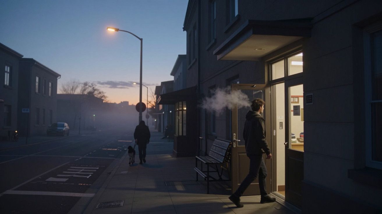 Homem entra num edifício ao anoitecer, libertando vapor. Rua silenciosa com outro pedestre e um cão.