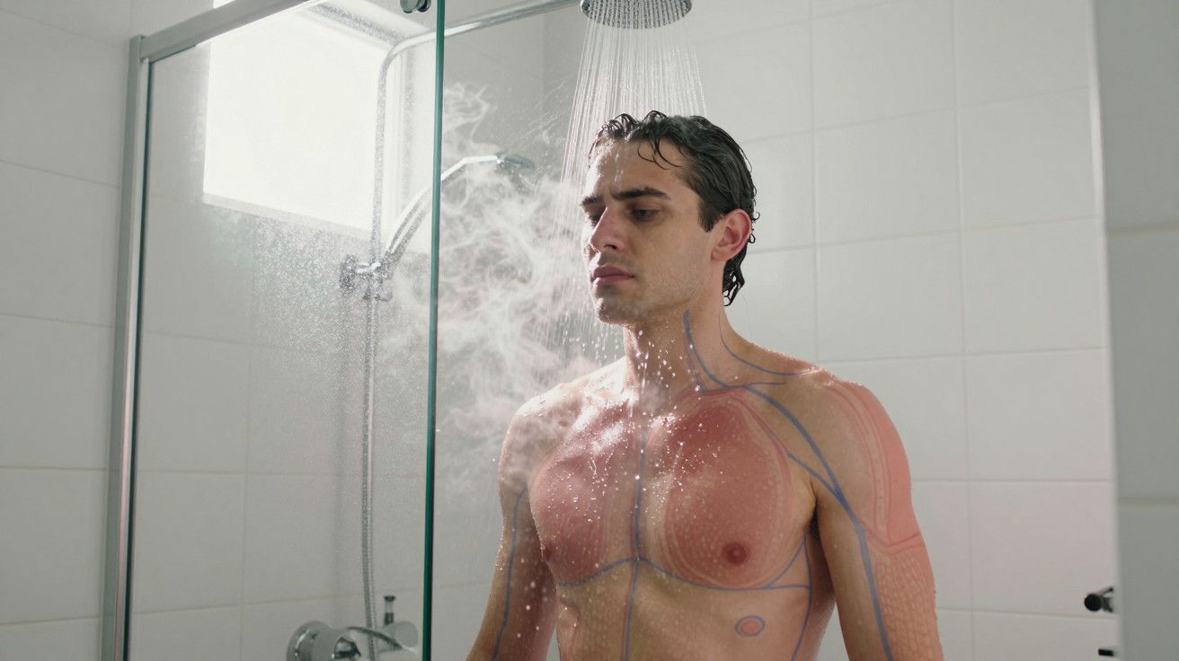 Homem de pé no duche com corpo marcado, rodeado por vapor, sob um fluxo de água numa casa de banho moderna.
