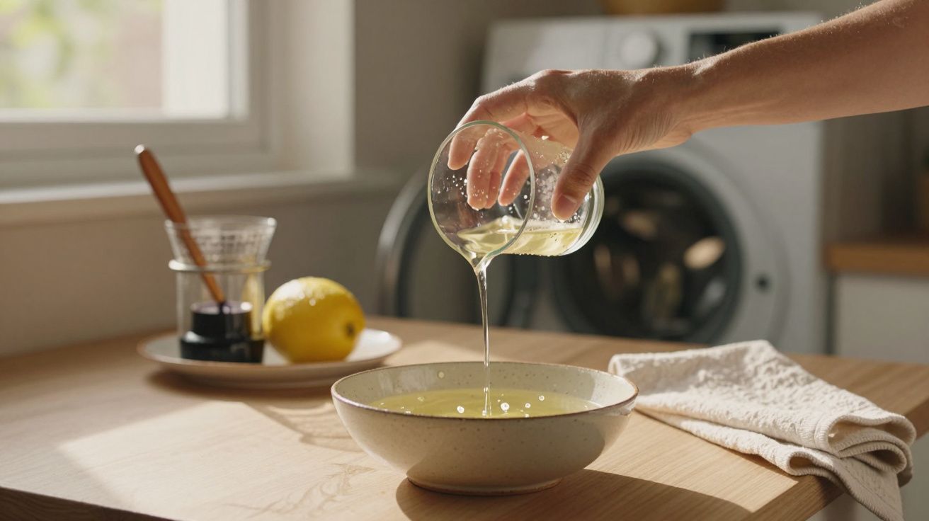 Mão a verter líquido transparente numa tigela, com limão e mel no fundo. Paneira ao lado numa bancada de madeira.