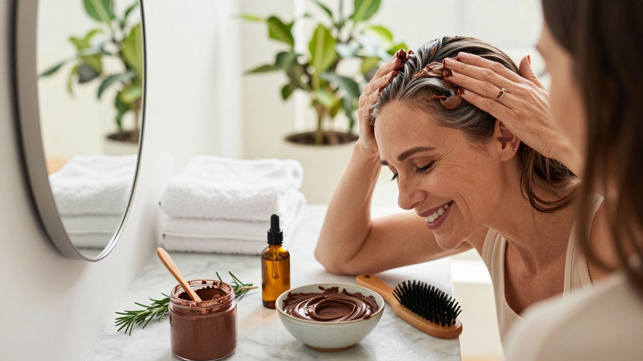 Mulher feliz aplica máscara capilar em casa, com espelho à frente e toalhas dobradas ao fundo.