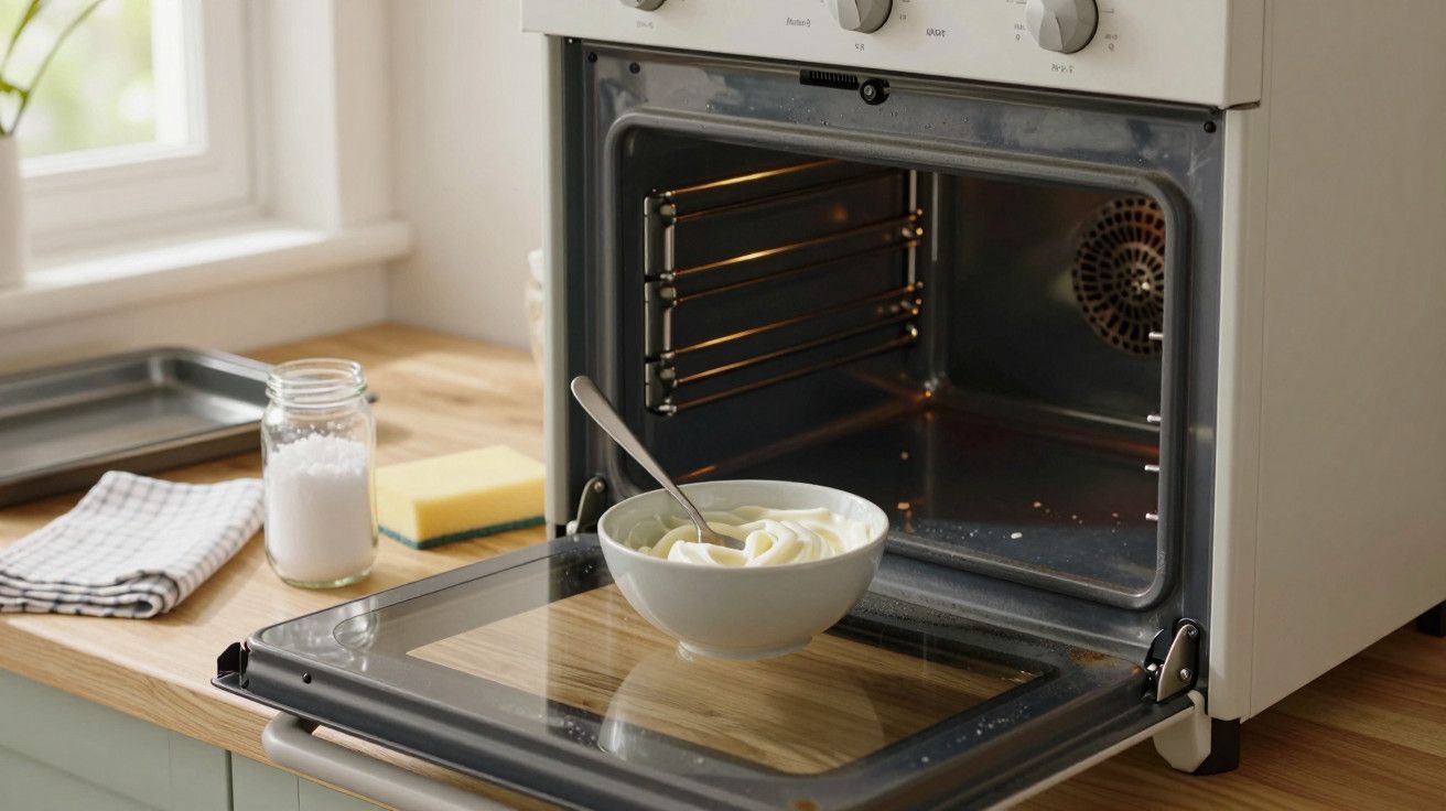 Tigela com creme dentro de um forno aberto, ao lado de ingredientes numa cozinha iluminada.