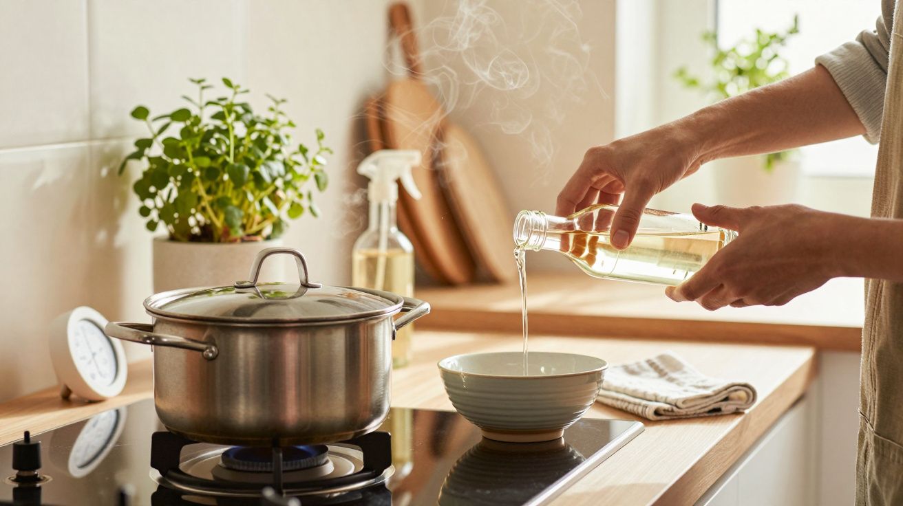 Pessoa a preparar refeição com panela ao lume e a misturar líquido numa taça, em cozinha iluminada.